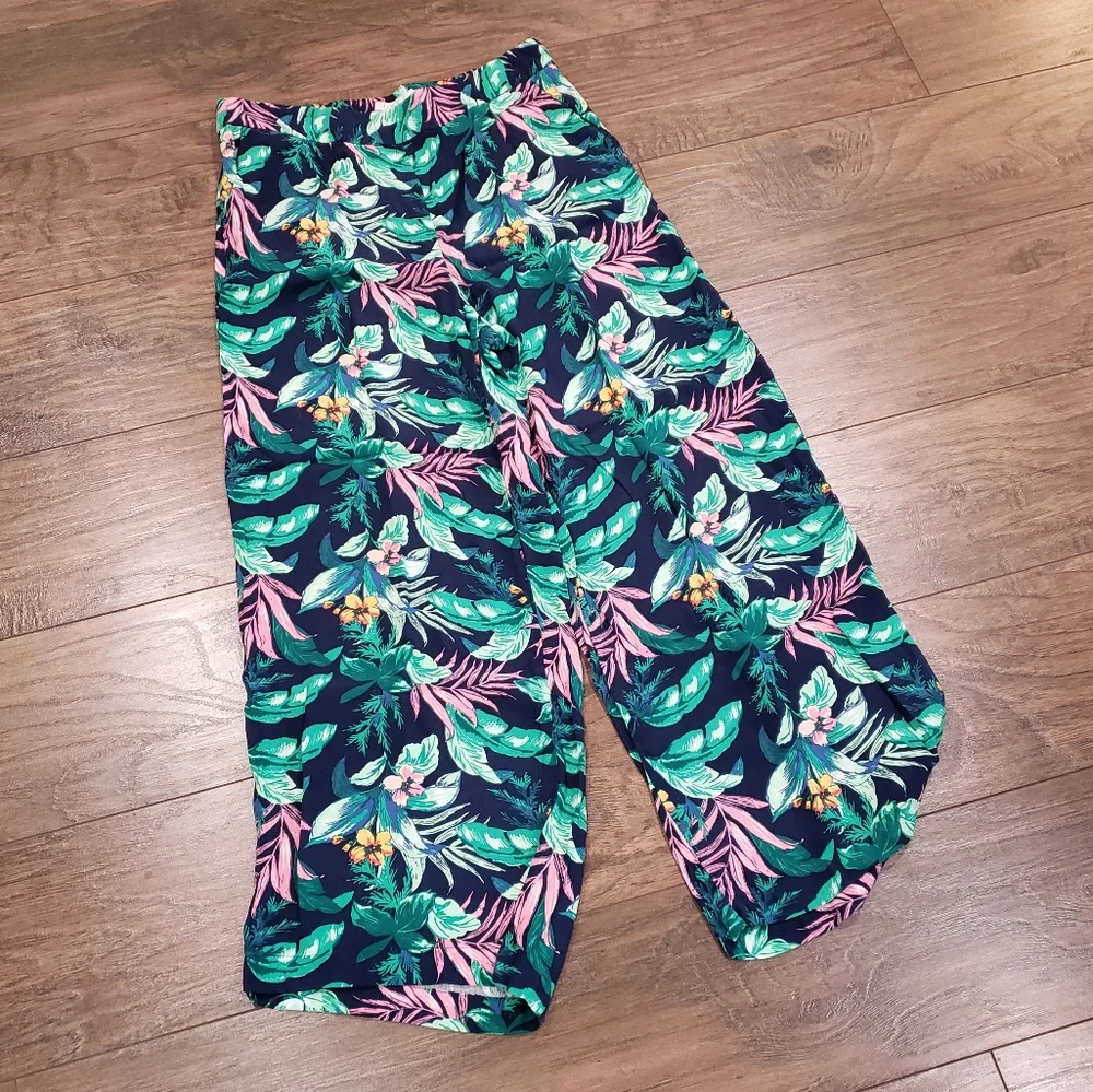 LOFT Linen Blend Pull-On Wide Leg Palazzo Pants Size M Navy Pink Green Pโฆ - Picture 2 of 13